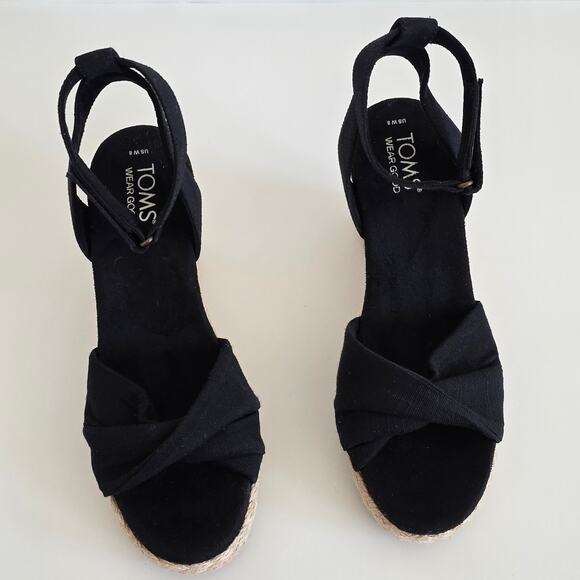 TOMS Black Jute Heel Wedge Espadrille Sandals Open Toe Ankle Strap Size 8 - Picture 3 of 7